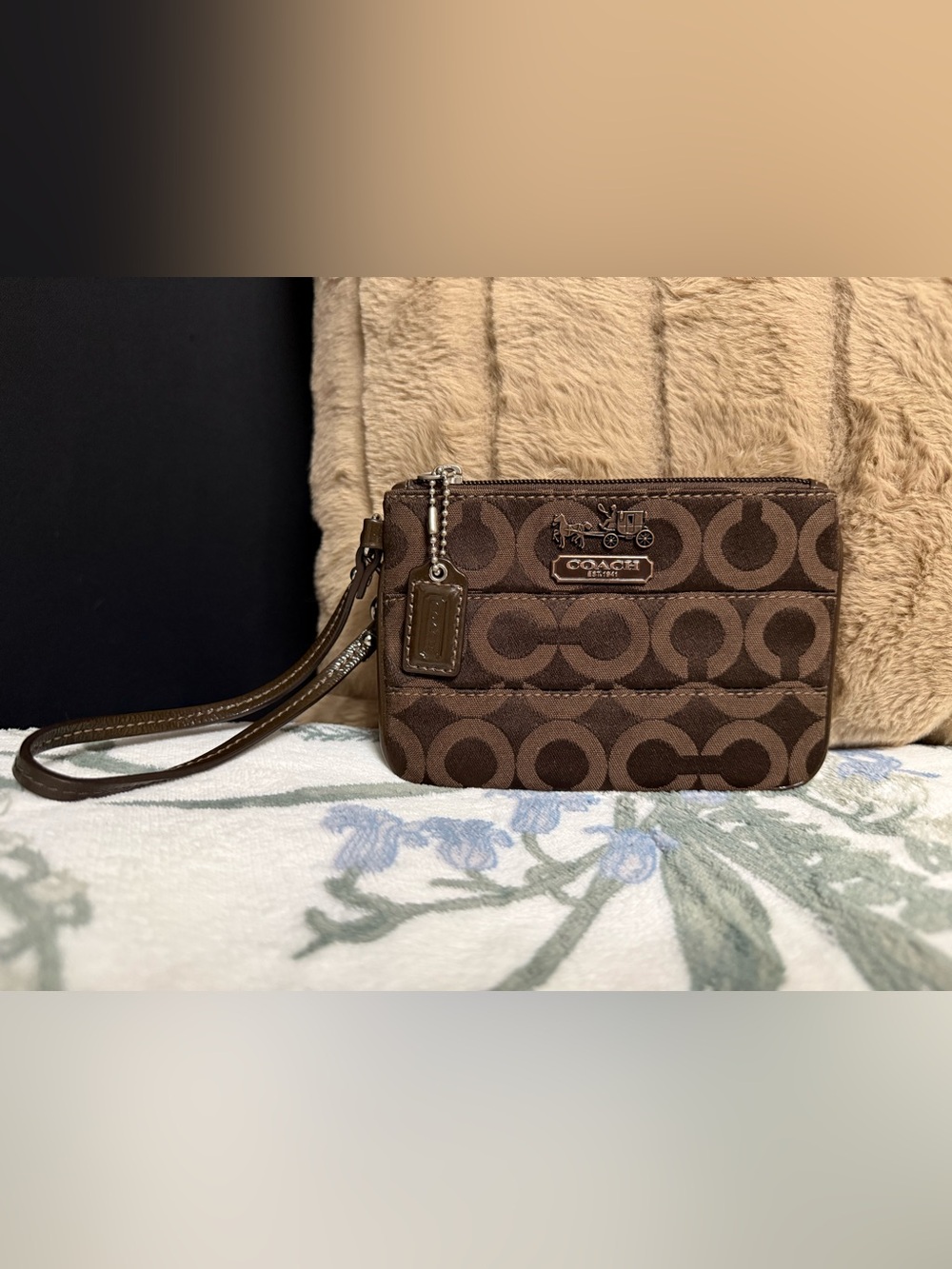 Vintage Coach Dark Brown Signature Canvas Wristlet with Coach Tag